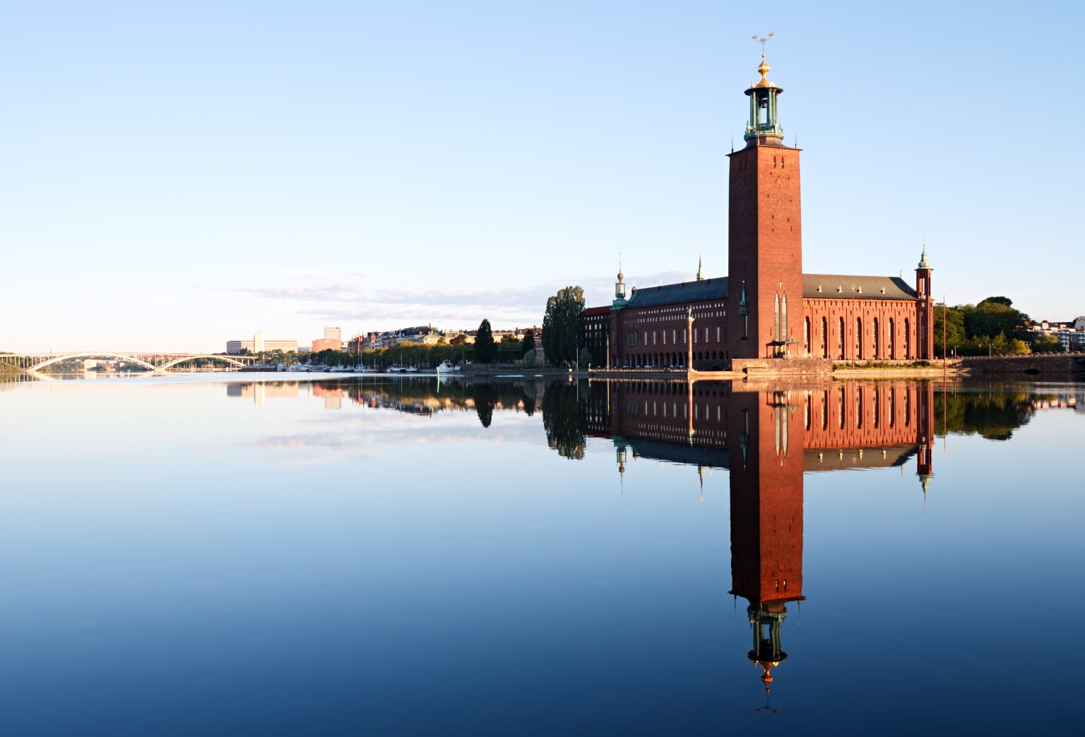Stockholm City Hall with reflection on water Baltzar von platens gata 7A